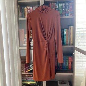 Copper ribbed mock neck long sleeve mini dress with twist detail size L